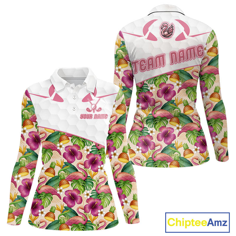 Funny Flamingo Womens Long Sleeve Golf Polo Shirt Floral Tropical Custom Pink Golf Shirts Golfer Gift NHN0107