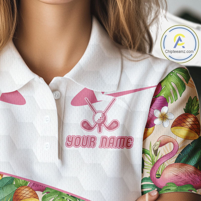 Funny Flamingo Womens Golf Polo Shirt Floral Tropical Custom Pink Golf Shirts Golfer Gift Apparel NHN0107