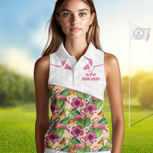 Funny Flamingo Womens Sleeveless Golf Polo Shirt Floral Tropical Custom Pink Golf Shirts Golfer Gift NHN0107