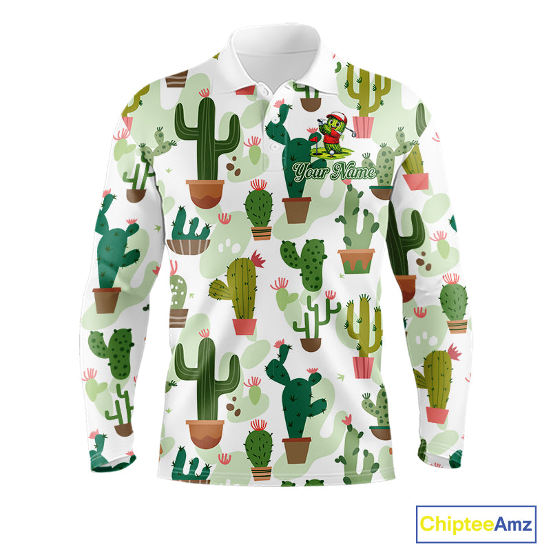 Funny Cactus Flower Long Sleeve Golf Polo Shirt Custom Name Golf Tops, Cactus Golf Shirt Personalized NHN0237