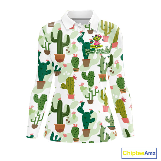 Funny Cactus Flower Womens Long Sleeve Golf Polo Shirt Custom Name Golf Tops, Cactus Golf Shirt NHN0237