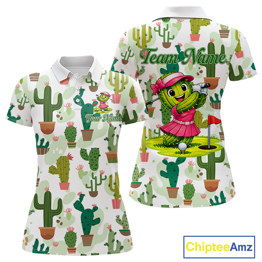 Funny Cactus Flower Womens Golf Polo Shirt Custom Name Golf Tops, Cactus Golf Shirt Personalized NHN0237