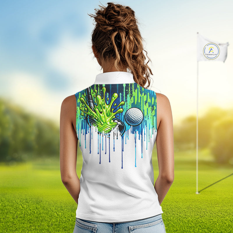 Watercolor Womens Sleeveless Golf Polo Shirt Custom Green Golf Ball Pattern Golf Tops For Ladies NHN0113