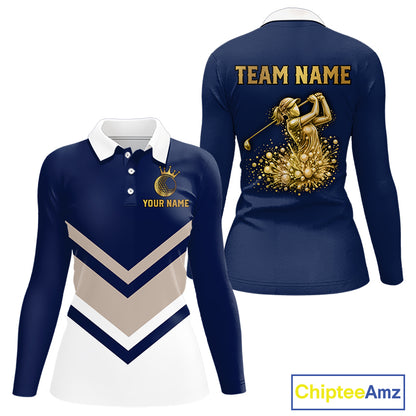 Blue And White Womens Long Sleeve Golf Polo Shirt Custom Gold Golfer Swing & Golf Ball Team Polo NHN0115
