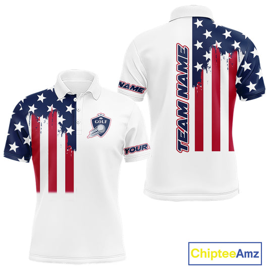 American Flag Mens Golf Polo Shirt Custom Red, White And Blue Team Golf Jersey, Patriotic Golf Shirts NHN0118