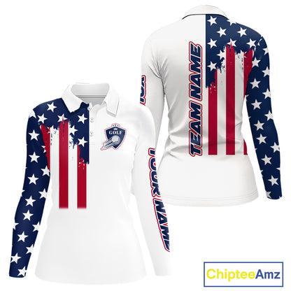 American Flag Womens Long Sleeve Golf Polo Shirt Custom Red, White And Blue Patriotic Golf Shirts NHN0118