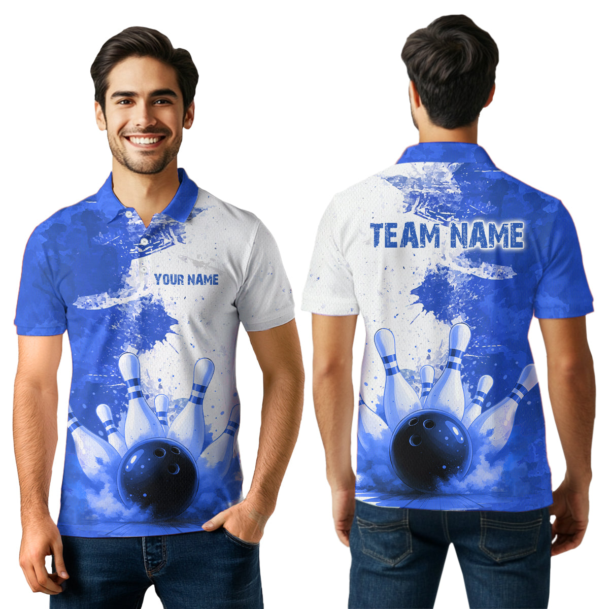 Blue Bowling Shirts for Women Men Custom Bowling Polo & 1/4 Zip Shirt for Team MBL220