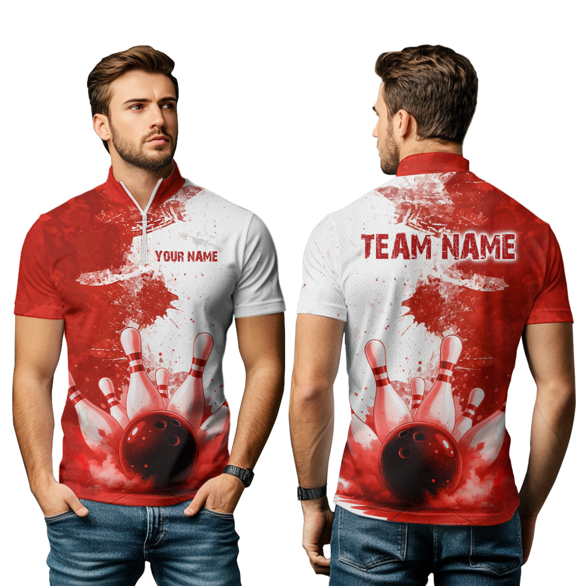 Red Bowling Shirts for Women Men Custom Bowling Polo & 1/4 Zip Shirt for Team MBL220