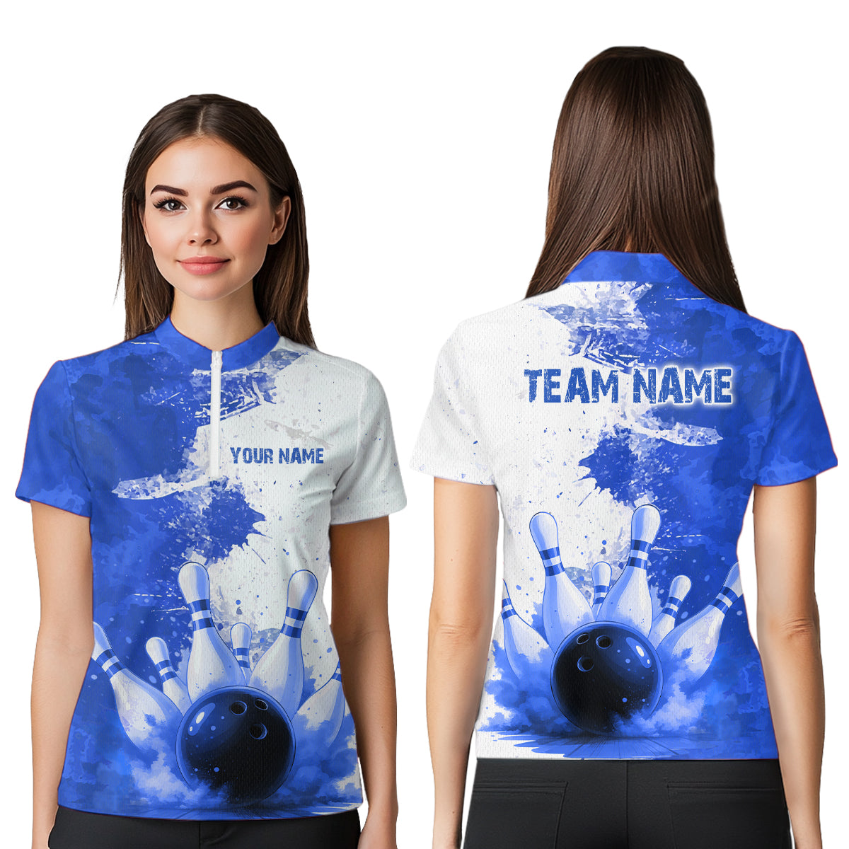 Blue Bowling Shirts for Women Men Custom Bowling Polo & 1/4 Zip Shirt for Team MBL220