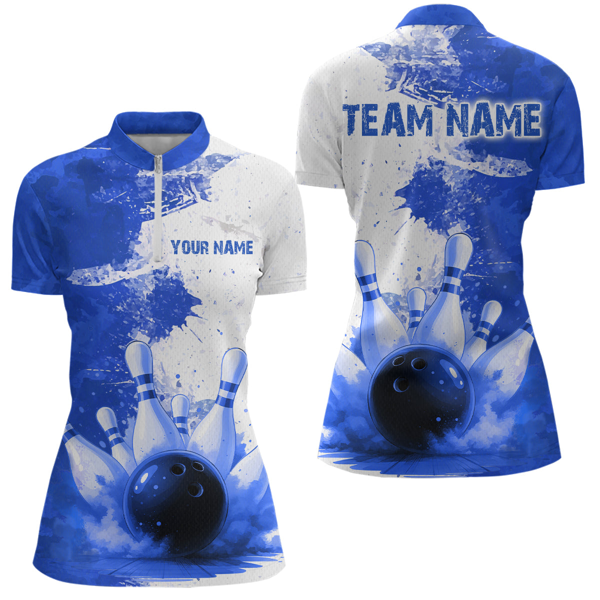 Blue Bowling Shirts for Women Men Custom Bowling Polo & 1/4 Zip Shirt for Team MBL220