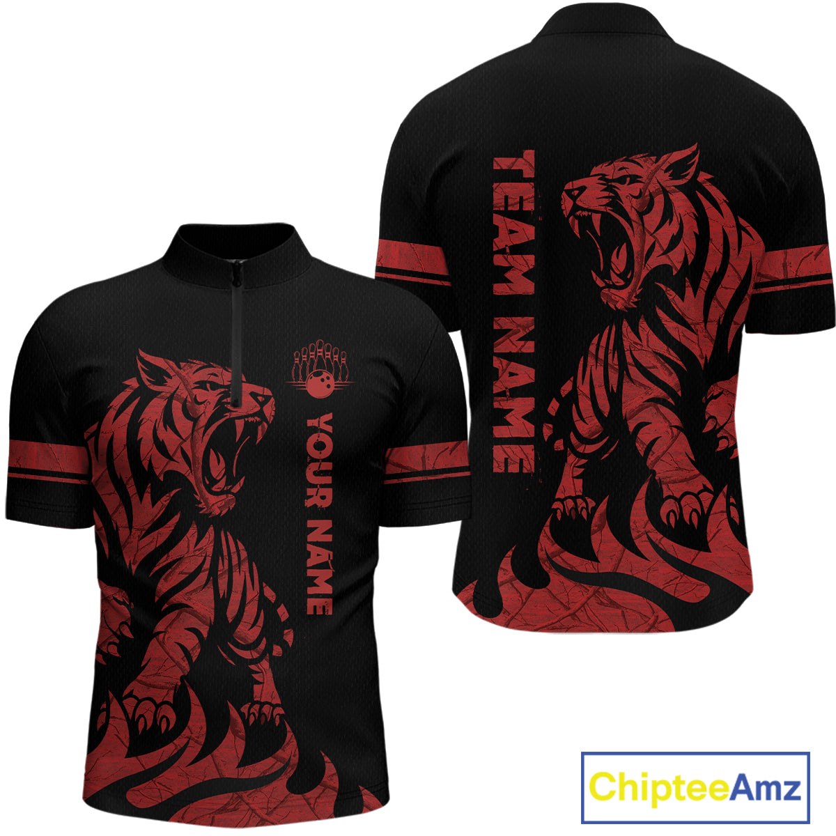 Red Tiger Bowling Shirts for Team Men Women Custom Bowling Jersey Polo & Quarter Zip Shirt MBL188