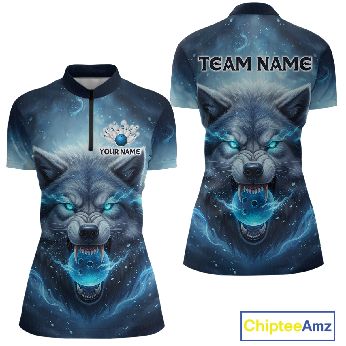 Blue Wolf Bowling Shirts Team Women Men Custom Bowling Jersey Bowl Polo&1/4 Zip MBL239