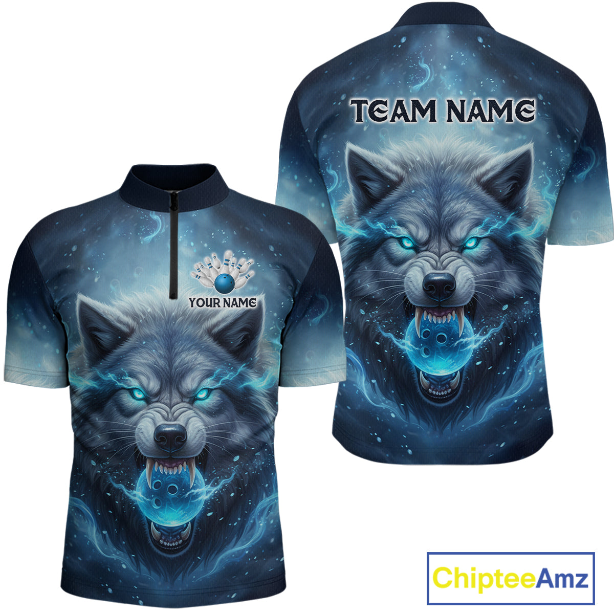 Blue Wolf Bowling Shirts Team Women Men Custom Bowling Jersey Bowl Polo&1/4 Zip MBL239
