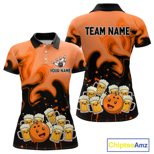 Funny Beer Bowling Shirts Orange for Women Men Bowling Polo&1/4 Zip Bowling League MBL252
