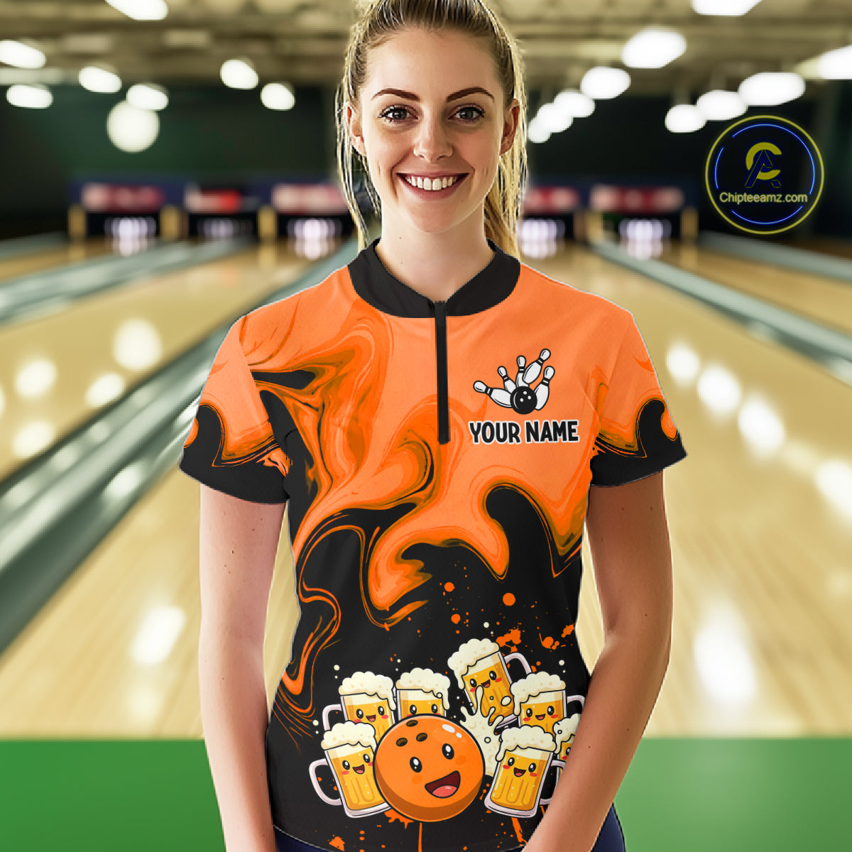 Funny Beer Bowling Shirts Orange for Women Men Bowling Polo&1/4 Zip Bowling League MBL252