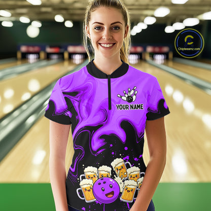 Funny Beer Bowling Shirts Purple for Women Men Bowling Polo&1/4 Zip Bowling League MBL252