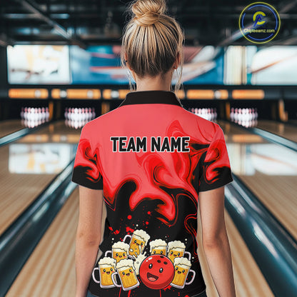 Funny Beer Bowling Shirts Red for Women Men Bowling Polo&1/4 Zip Bowling League MBL252