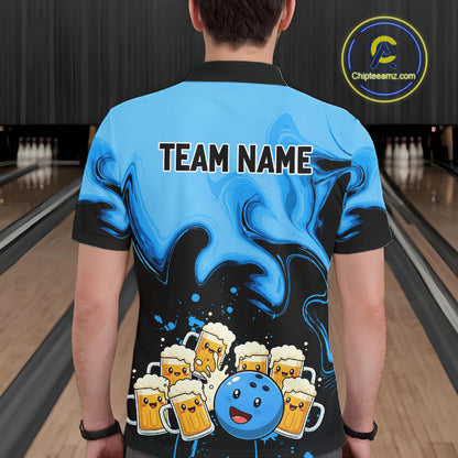 Funny Beer Bowling Shirts Blue for Women Men Bowling Polo&1/4 Zip Bowling League MBL252