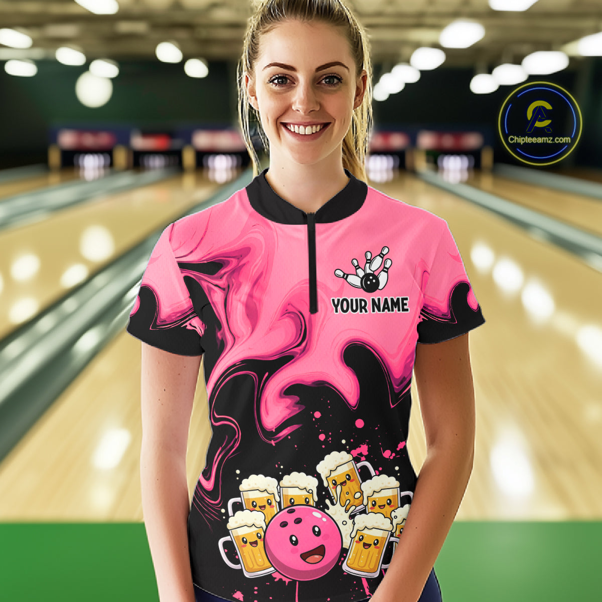 Funny Beer Bowling Shirts Pink for Women Men Bowling Polo&1/4 Zip Bowling League MBL252