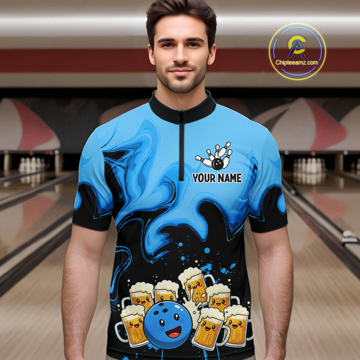 Funny Beer Bowling Shirts Blue for Women Men Bowling Polo&1/4 Zip Bowling League MBL252