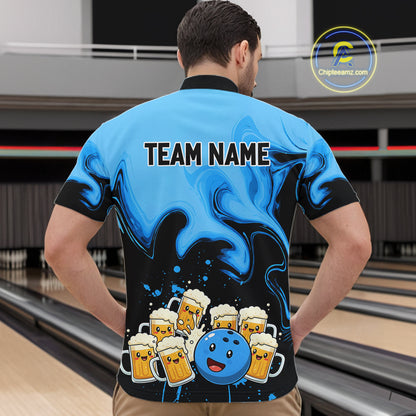 Funny Beer Bowling Shirts Blue for Women Men Bowling Polo&1/4 Zip Bowling League MBL252