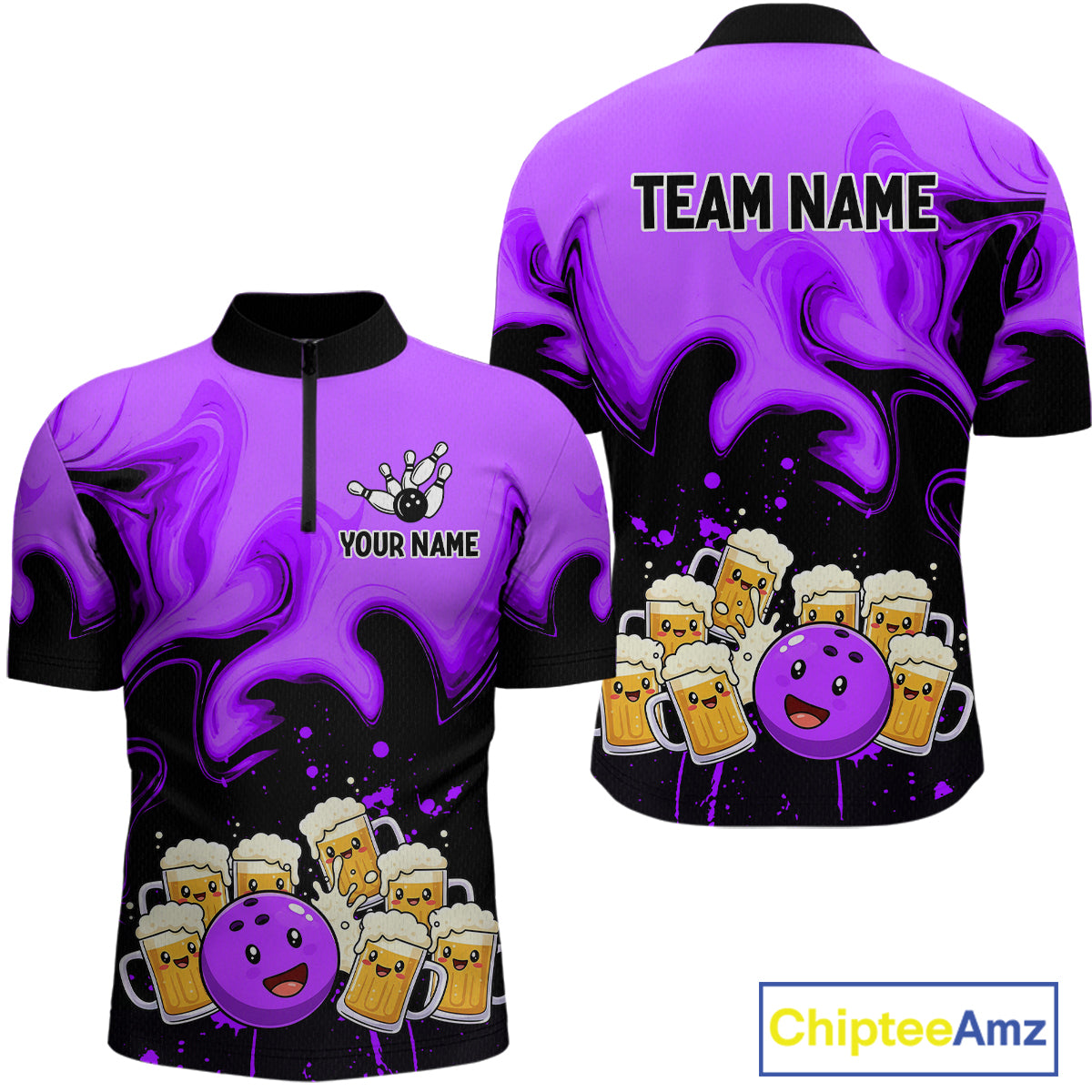 Funny Beer Bowling Shirts Purple for Women Men Bowling Polo&1/4 Zip Bowling League MBL252