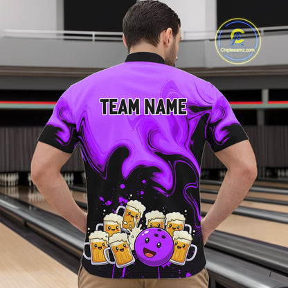 Funny Beer Bowling Shirts Purple for Women Men Bowling Polo&1/4 Zip Bowling League MBL252