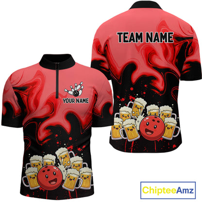 Funny Beer Bowling Shirts Red for Women Men Bowling Polo&1/4 Zip Bowling League MBL252