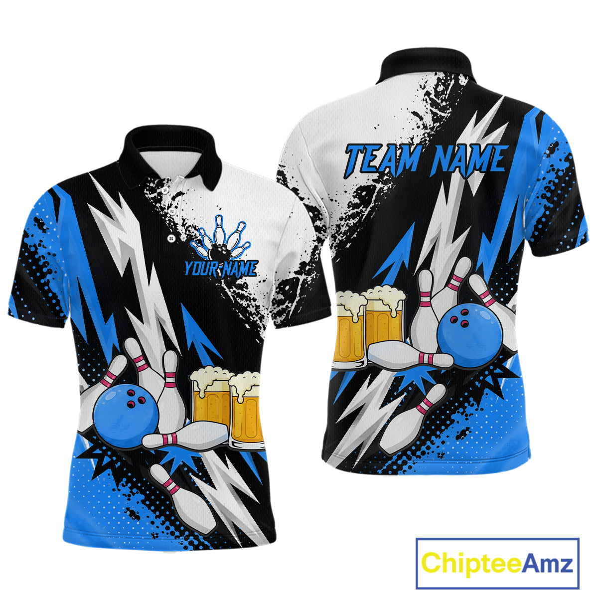 Custom Blue Beer Bowling Jersey for Men Bowling Team Shirts Bowling League Polo & 1/4 Zip HNT505