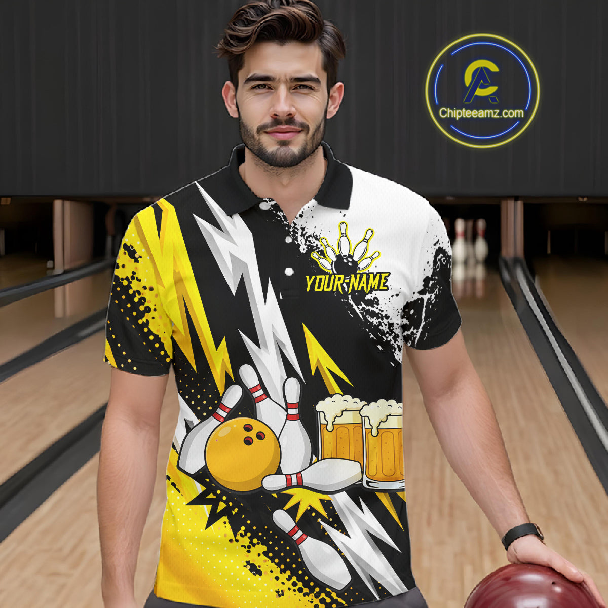 Custom Yellow Beer Bowling Jersey for Men Bowling Team Shirts Bowling League Polo & 1/4 Zip HNT505