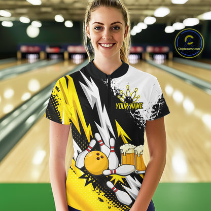 Custom Yellow Beer Bowling Jersey for Women Bowling Team Shirts Bowling League Polo & 1/4 Zip HNT505