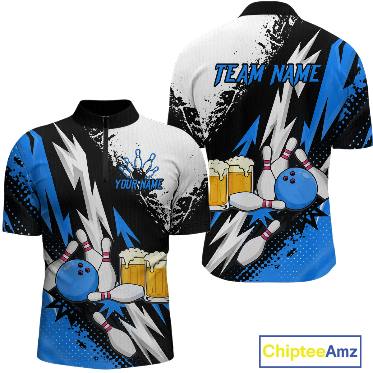 Custom Blue Beer Bowling Jersey for Men Bowling Team Shirts Bowling League Polo & 1/4 Zip HNT505
