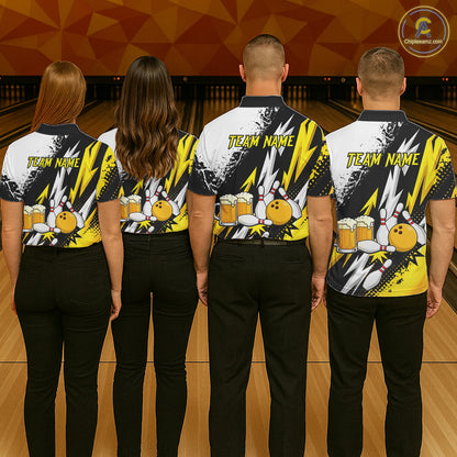 Custom Yellow Beer Bowling Jersey for Women Bowling Team Shirts Bowling League Polo & 1/4 Zip HNT505