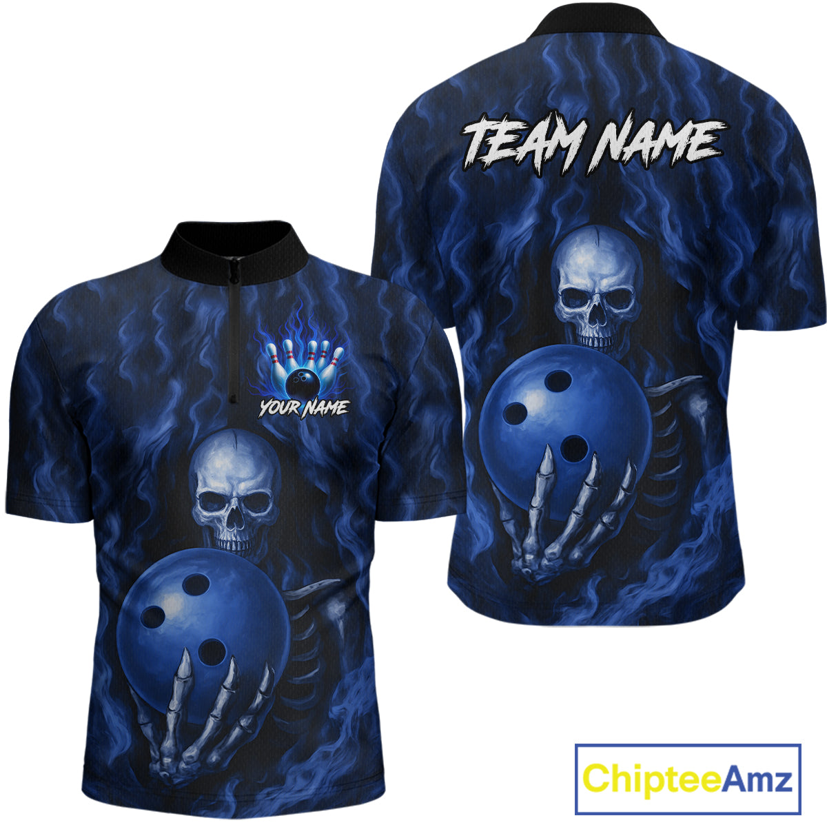 Blue Skull Bowling Shirts for Team Men Women Custom Bowling Jerseys for Bowlers MBL206
