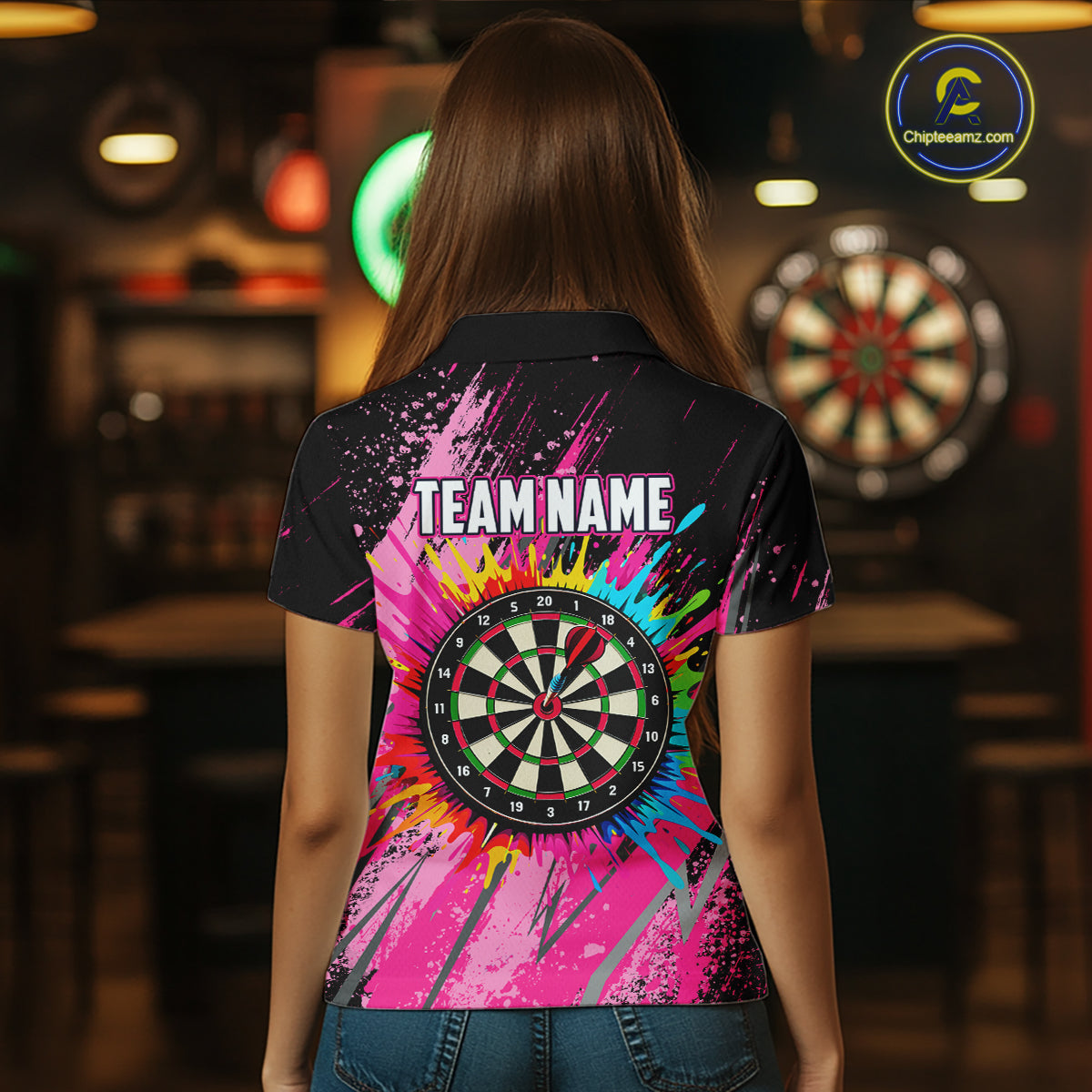 Custom Pink Colorful Paint Darts Shirt for Women Darts Team Jerseys Dartboard Shirt NNT269