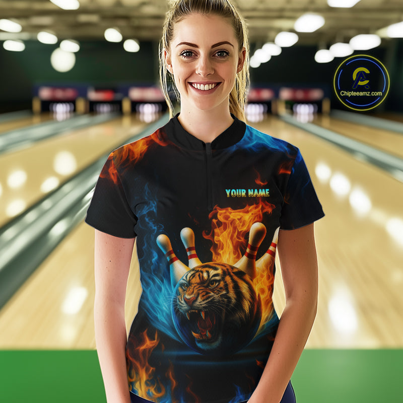 Flame Tiger Bowling Shirts for Team Men Women Custom Bowling Jersey Polo & 1/4 Zip MBL190