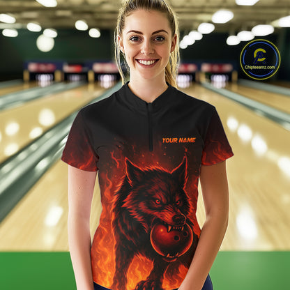 Flame Wolf Bowling Shirts for Team Women Men Custom Wolf Bowling Polo & Quarter Zip MBL195