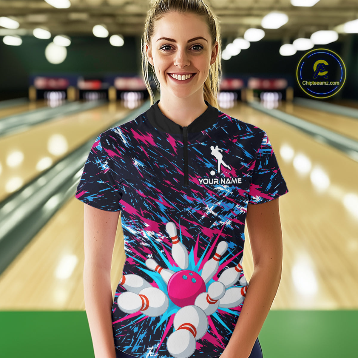 Pink and Purple Bowling Shirts for Team Women Men Bowling Polo and 1/4 Zip Shirt MBL229