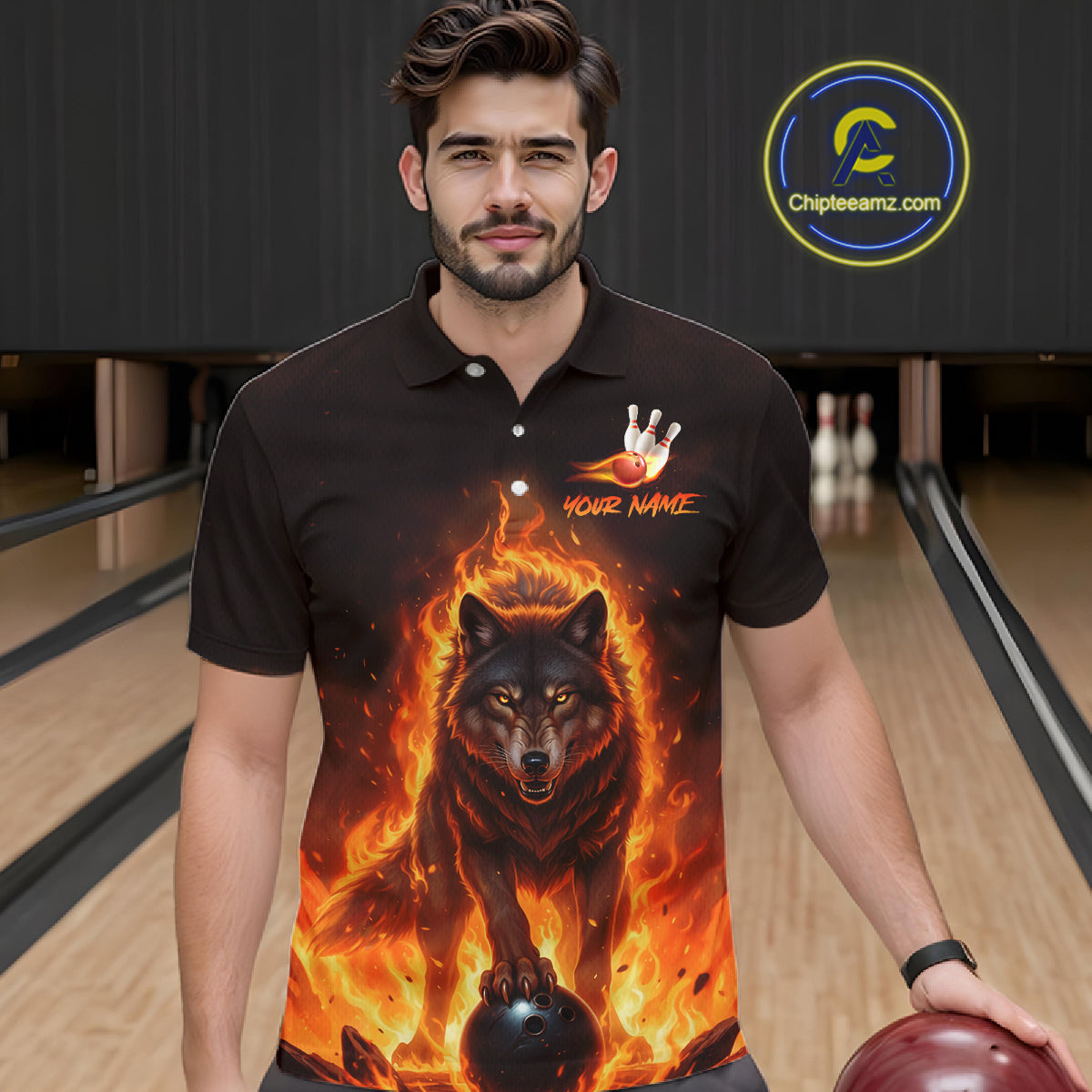Flaming Wolf Bowling Shirts for Team Women Men Bowling Jersey Bowl Polo&1/4 Zip MBL237