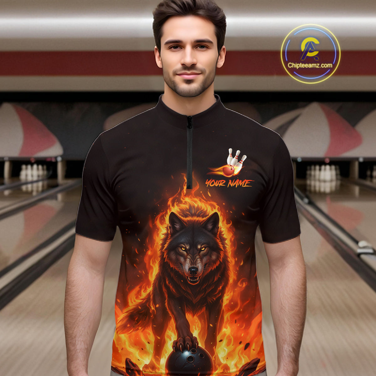 Flaming Wolf Bowling Shirts for Team Women Men Bowling Jersey Bowl Polo&1/4 Zip MBL237