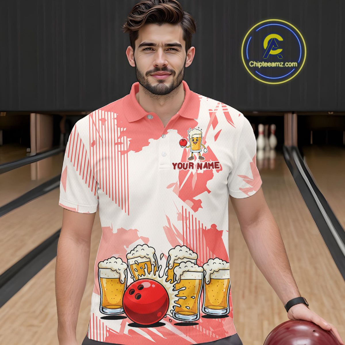 Beer Bowling Shirts Coral Pink for Team Women Men Custom Bowling Polo & 1/4 Zip Shirt MBL245