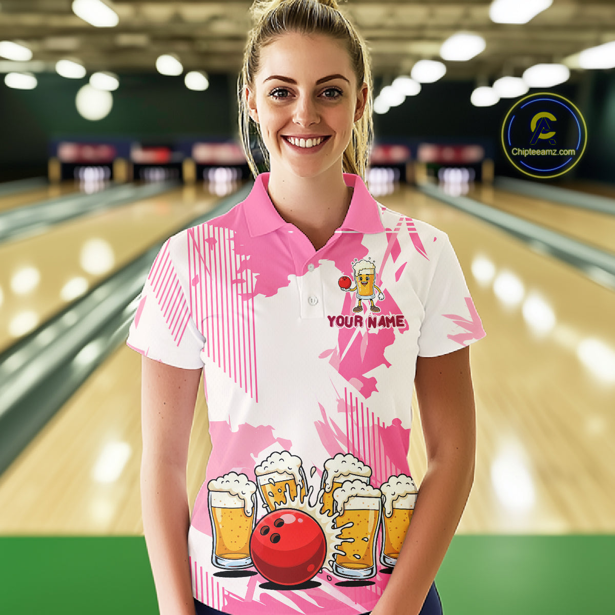 Beer Bowling Shirts Hot Pink for Team Women Men Custom Bowling Polo & 1/4 Zip Shirt MBL245