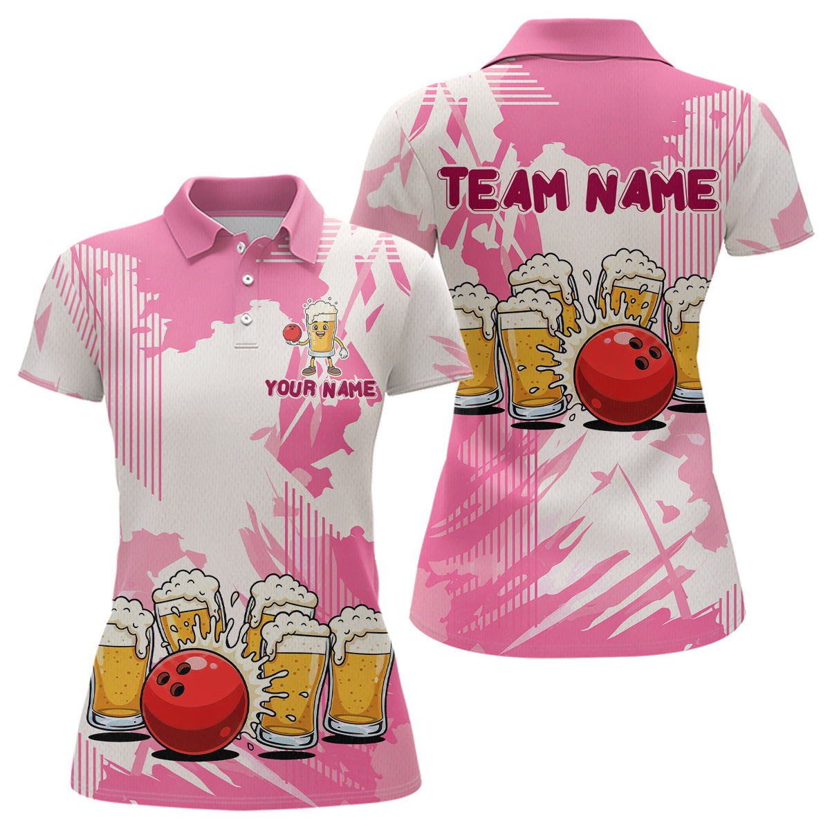 Beer Bowling Shirts Hot Pink for Team Women Men Custom Bowling Polo & 1/4 Zip Shirt MBL245