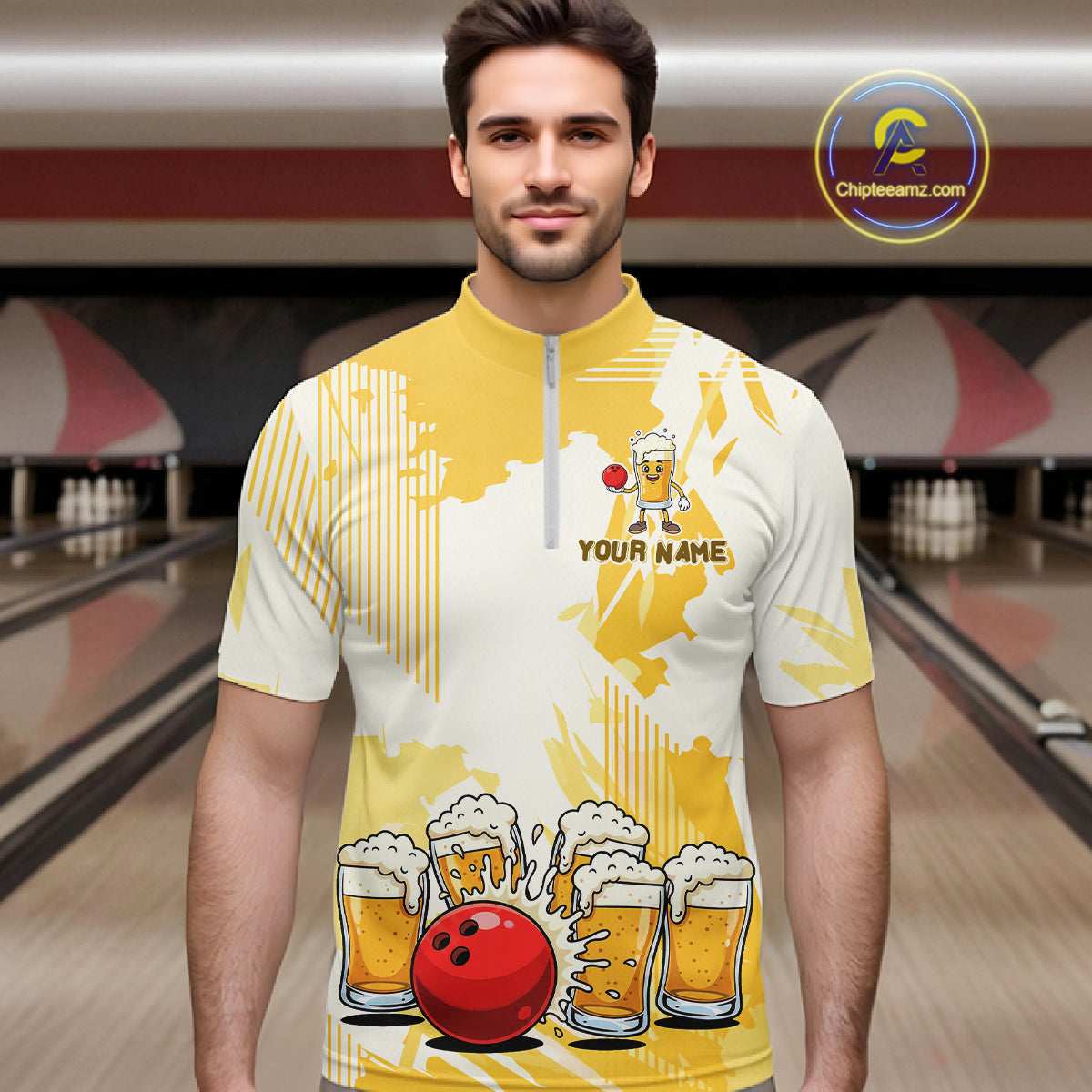 Beer Bowling Shirts Yellow for Team Women Men Custom Bowling Polo & 1/4 Zip Shirt MBL245