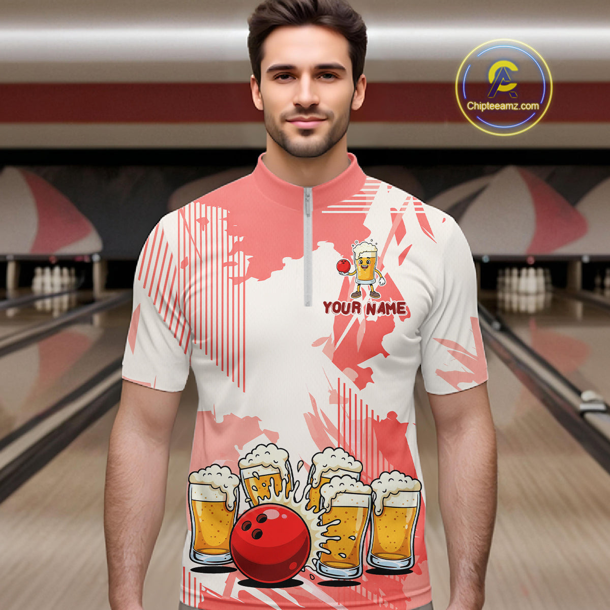 Beer Bowling Shirts Coral Pink for Team Women Men Custom Bowling Polo & 1/4 Zip Shirt MBL245