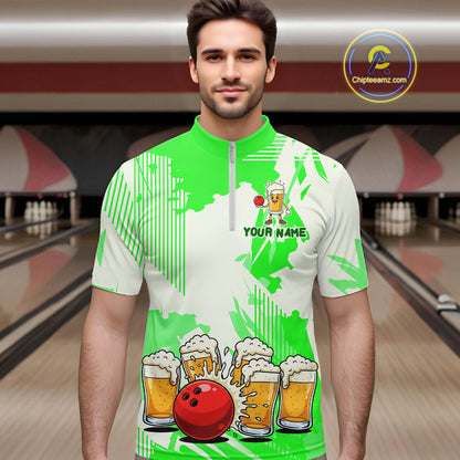 Beer Bowling Shirts Green for Team Women Men Custom Bowling Polo & 1/4 Zip Shirt MBL245