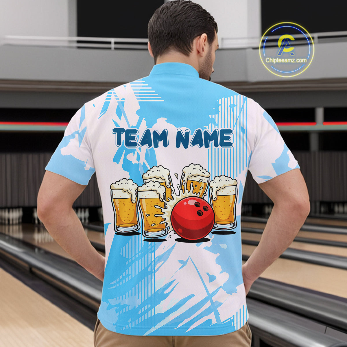 Beer Bowling Shirts Blue for Team Women Men Custom Bowling Polo & 1/4 Zip Shirt MBL245