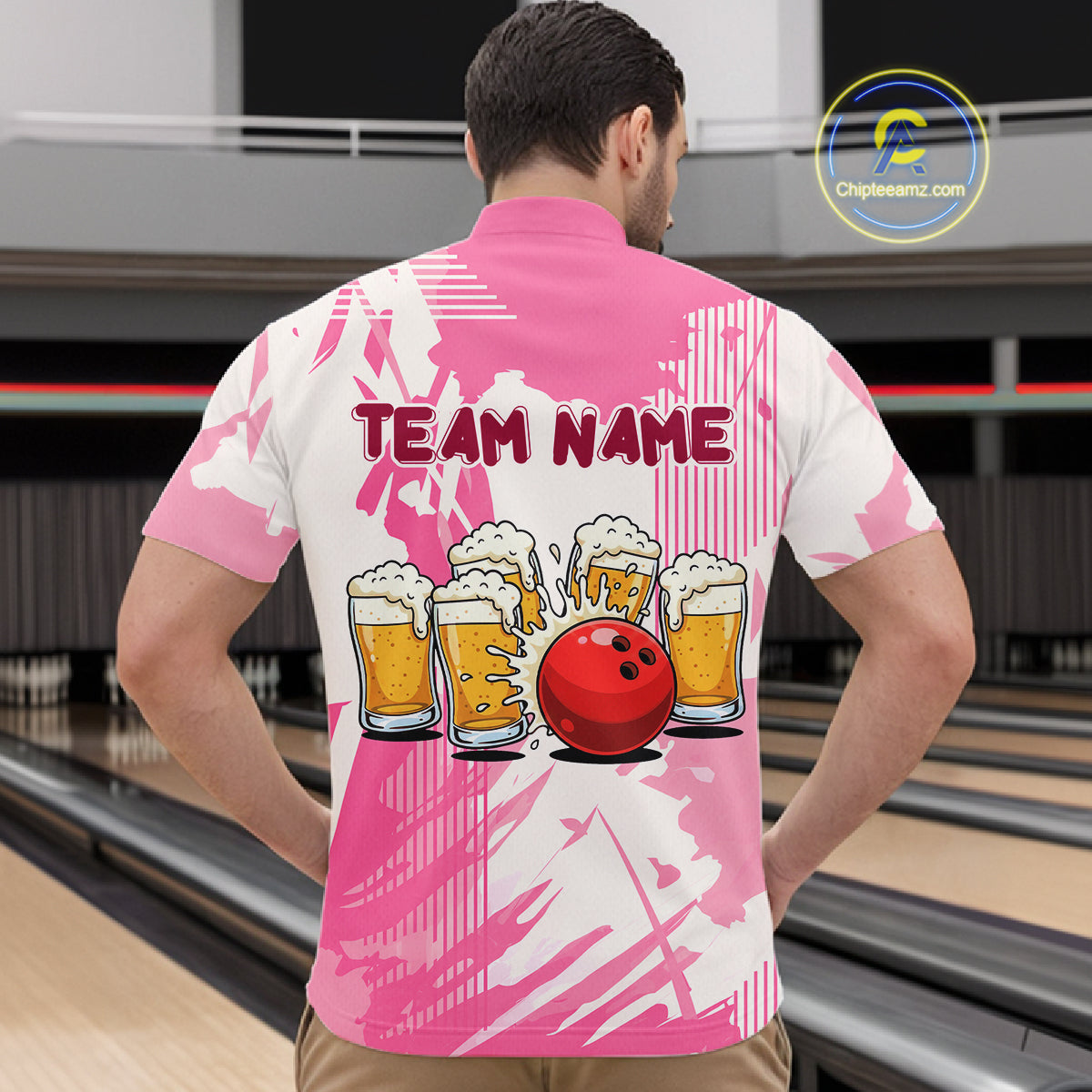 Beer Bowling Shirts Hot Pink for Team Women Men Custom Bowling Polo & 1/4 Zip Shirt MBL245