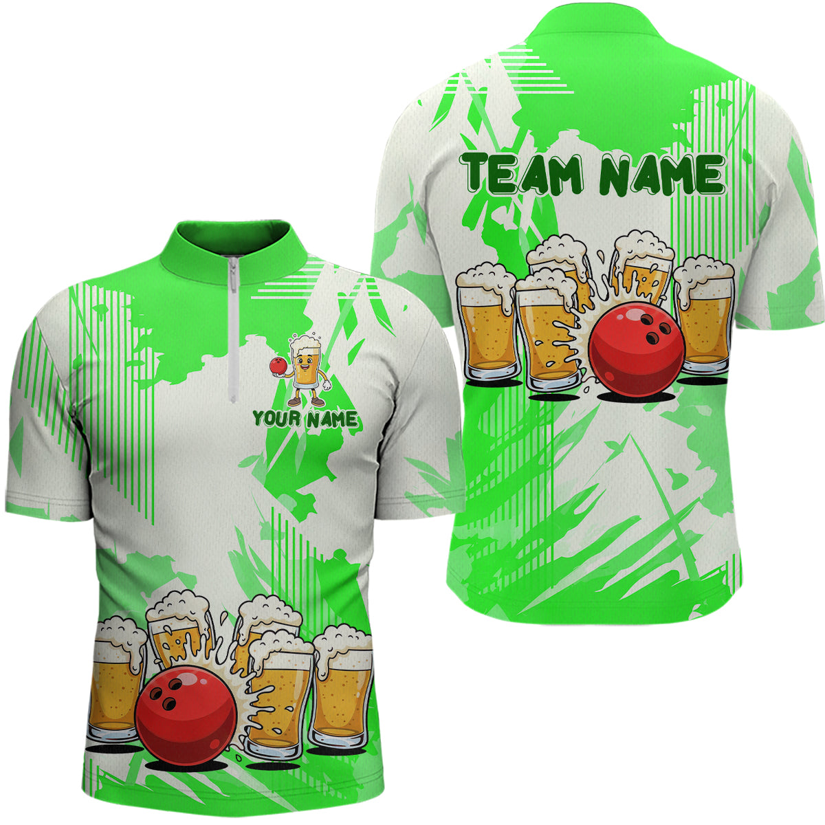 Beer Bowling Shirts Green for Team Women Men Custom Bowling Polo & 1/4 Zip Shirt MBL245