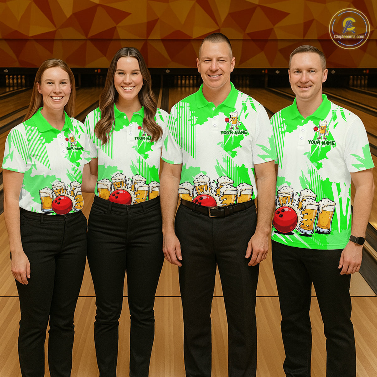 Beer Bowling Shirts Green for Team Women Men Custom Bowling Polo & 1/4 Zip Shirt MBL245